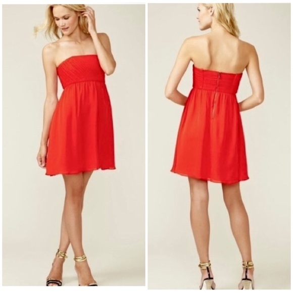 ALICE + OLIVIA Red Silk Strapless Dress Pleated Party Cocktail Mini Size 4 - Picture 1 of 4